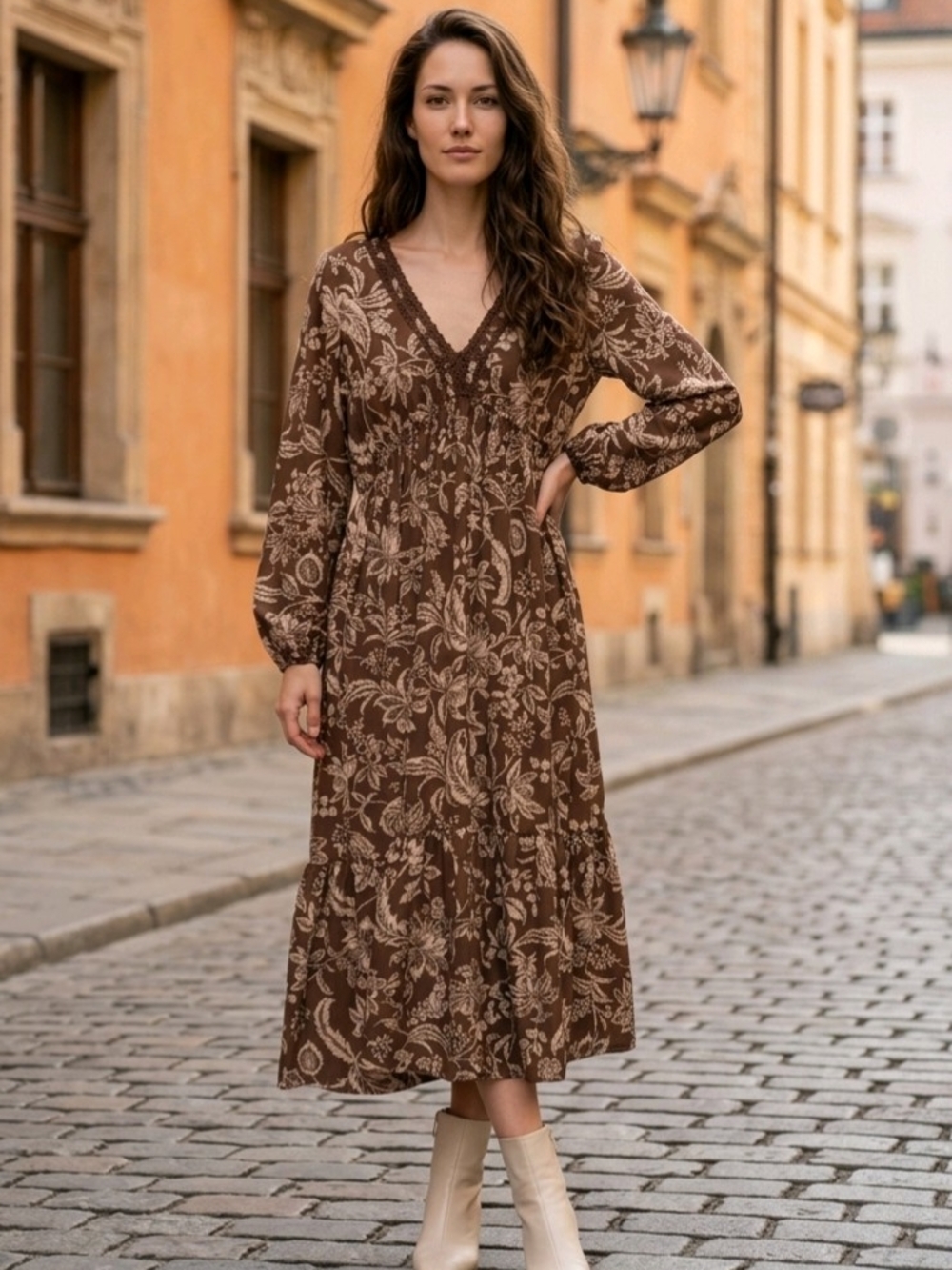 Rusttydustty Boho Floral V-Neck Maxi Dress Brown, w/Lace Trim Bishop Sleeves XL